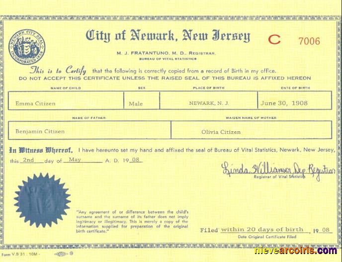USA New Jersey birth certificate